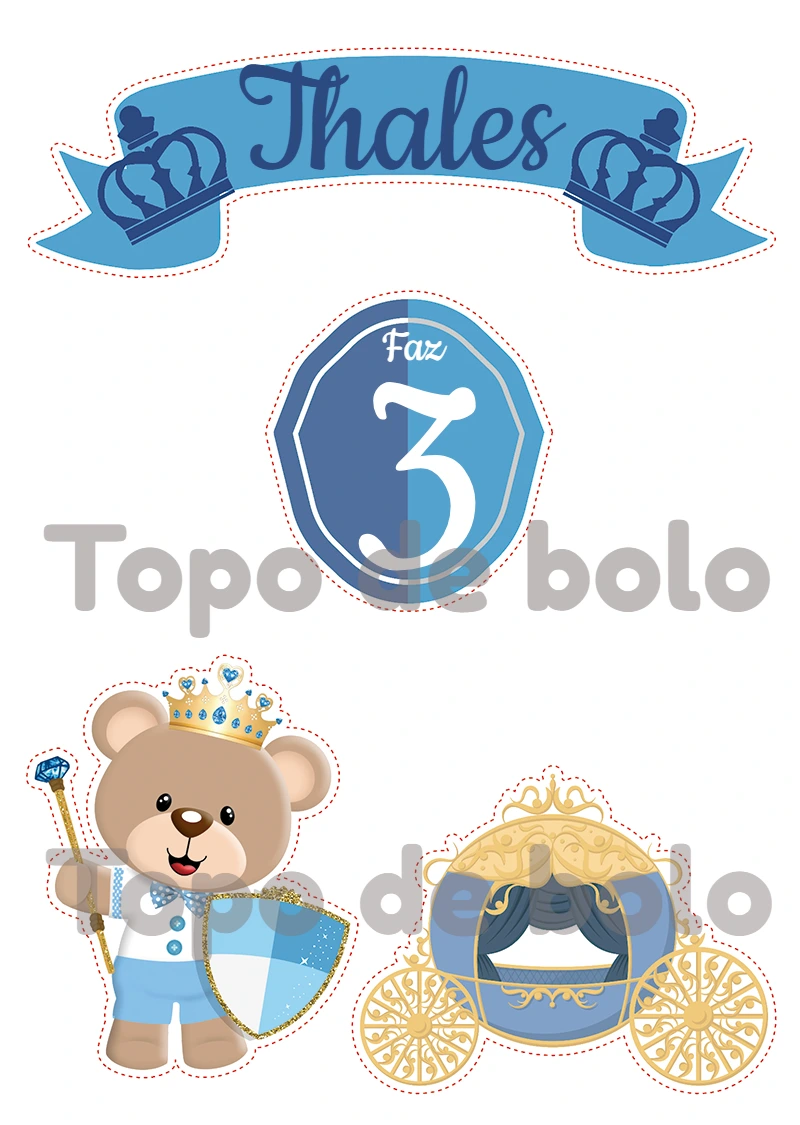Topo de Bolo Ursinho Príncipe Editável para Aniversário