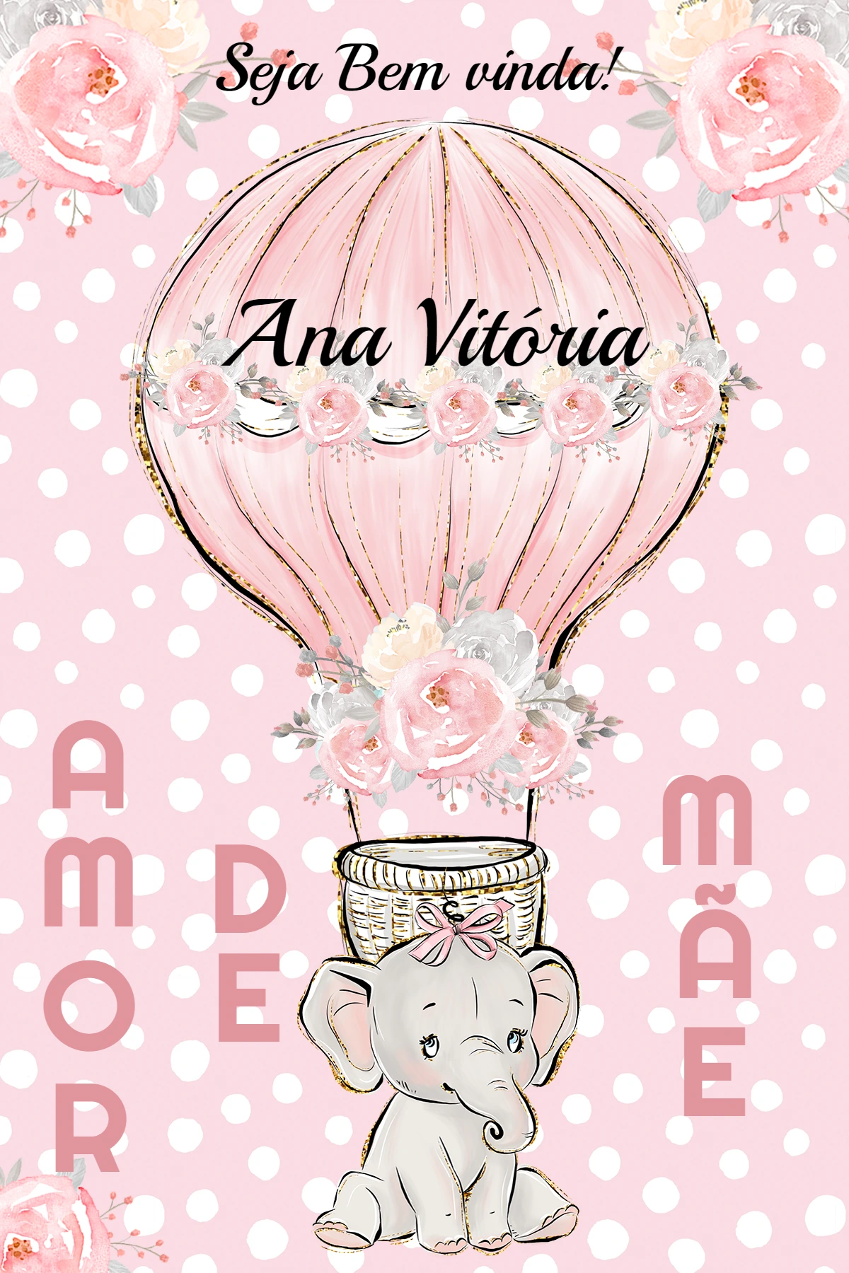 Quadro Maternidade Elefantinha com Balão para Editar Online