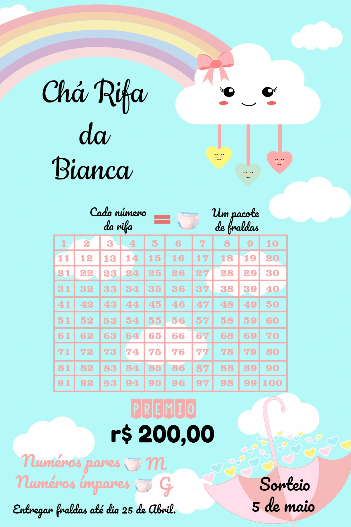 Chá Rifa Chuva de Amor com Nuvem e Arco-íris para Editar Online