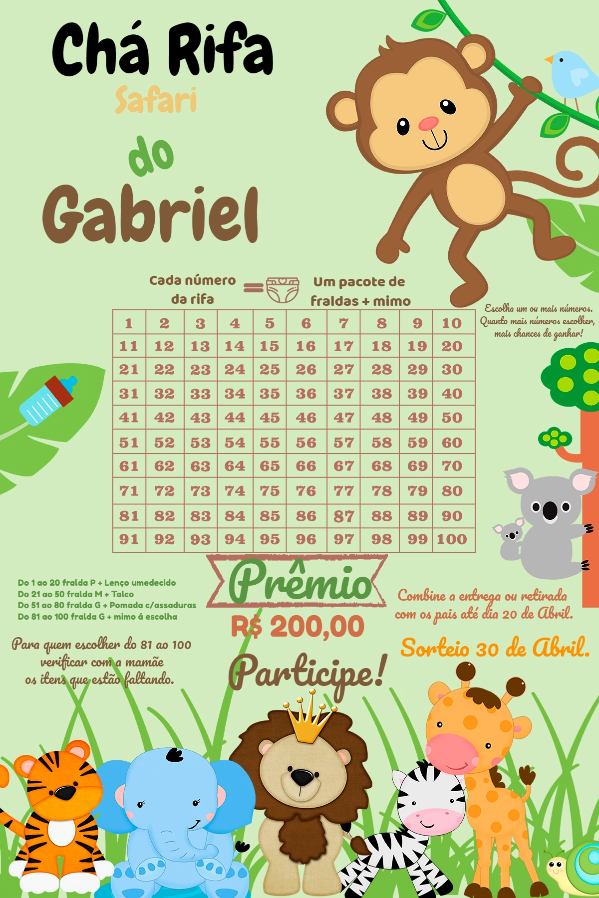 Rifa Chá de Fraldas Safari com Animais para Editar Online