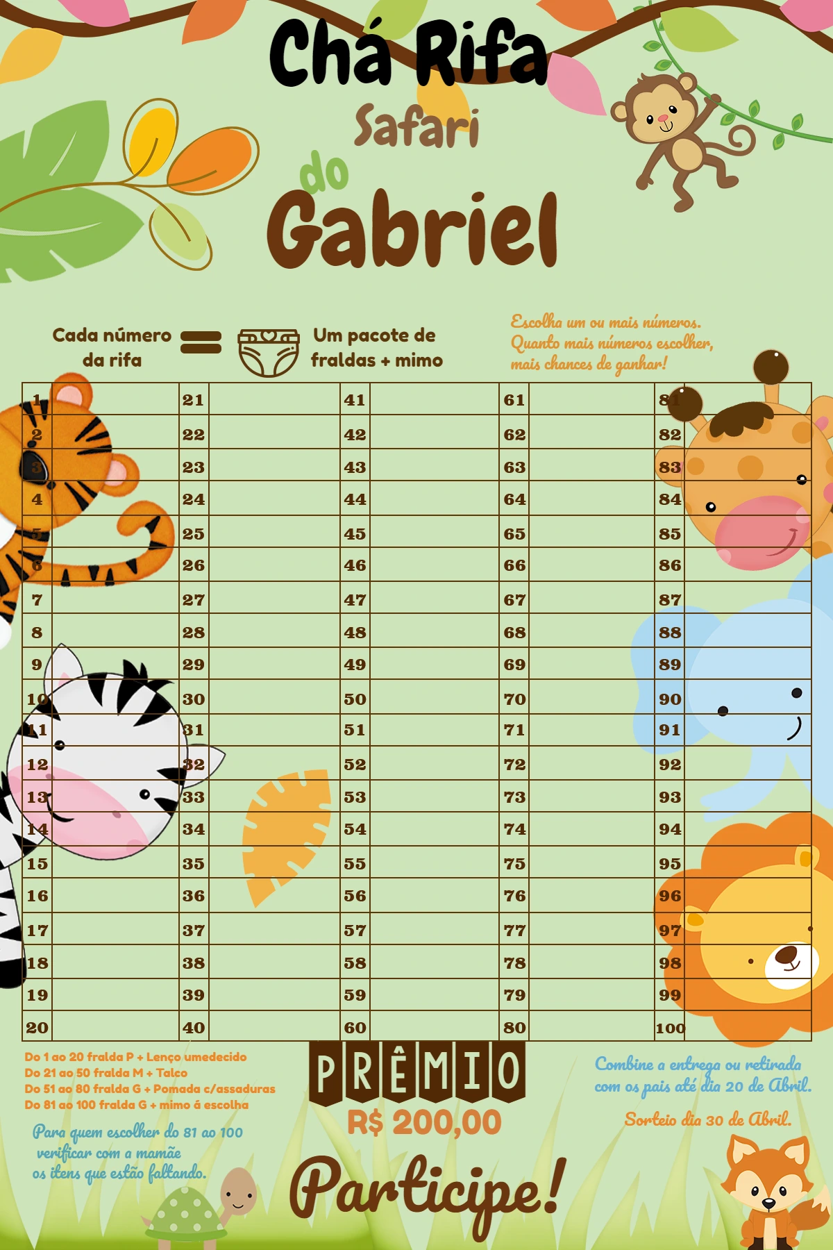 Chá Rifa Safari: Convite com Animais para Editar Online