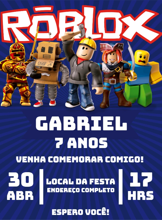Convite de Aniversário Roblox com Personagens para Editar