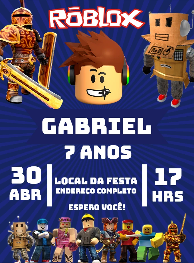 Convite de Aniversário Roblox com Personagens para Editar Online