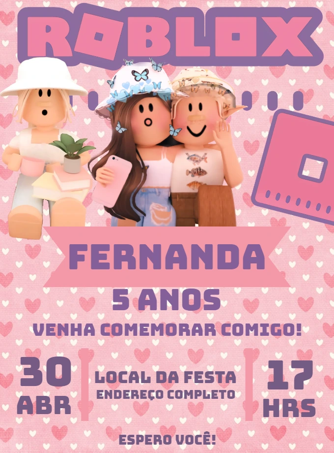 Convite Roblox Rosa de Aniversário para Editar Online