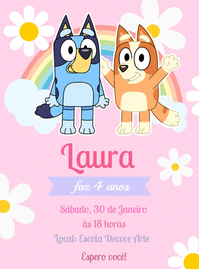 Convite de Aniversário Bluey e Bingo para Editar Online