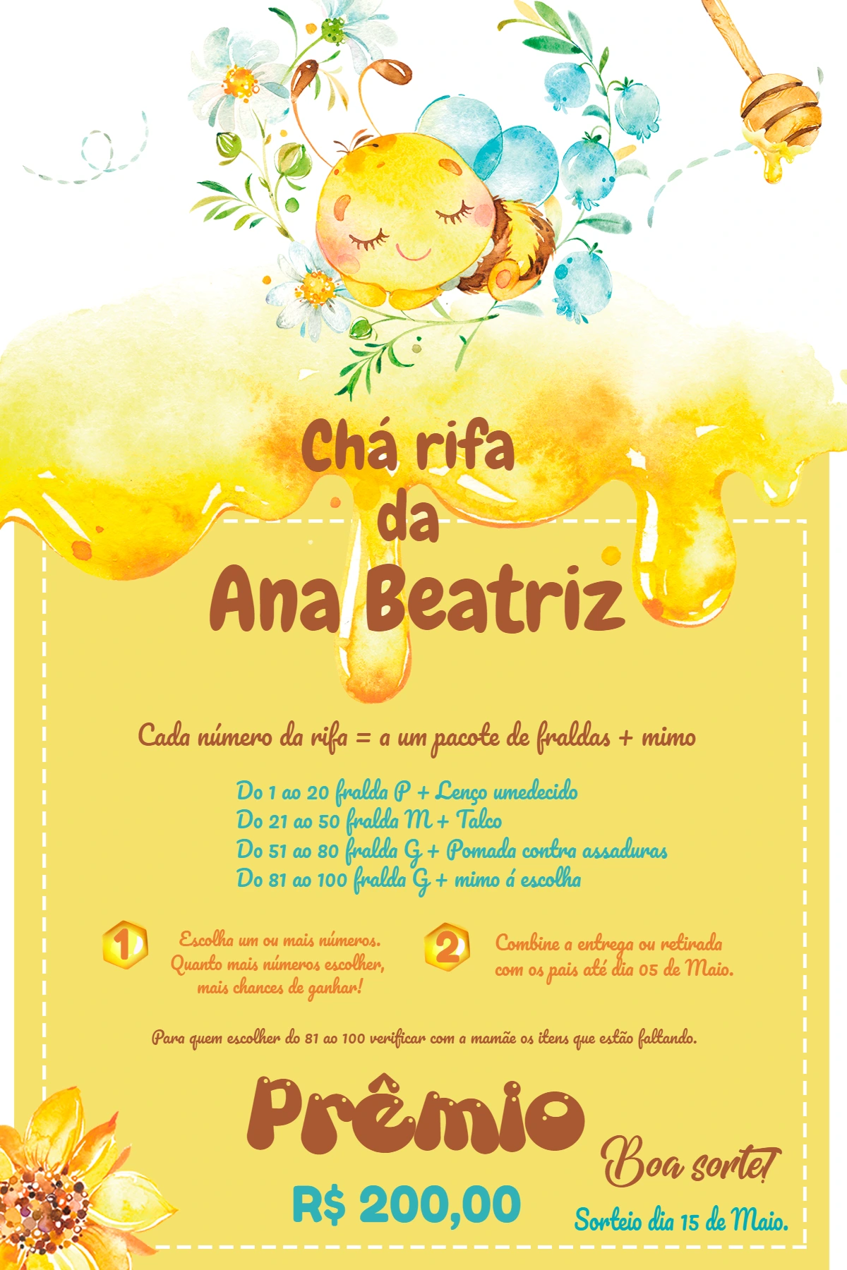 Convite Chá Rifa Abelhinha para Editar Online