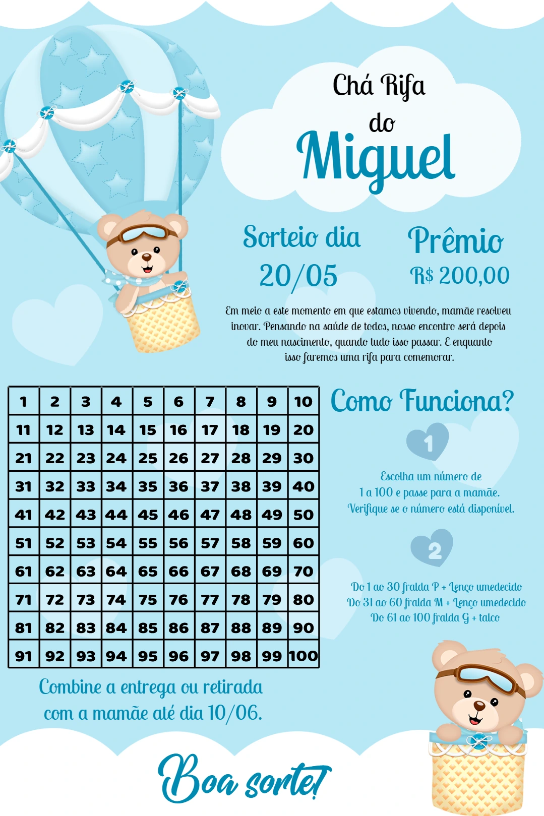 Chá Rifa Ursinho Baloeiro Azul para Editar Online