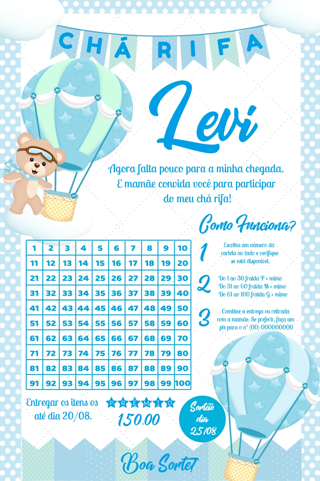 Convite Chá Rifa Ursinho Baloeiro Editável Online