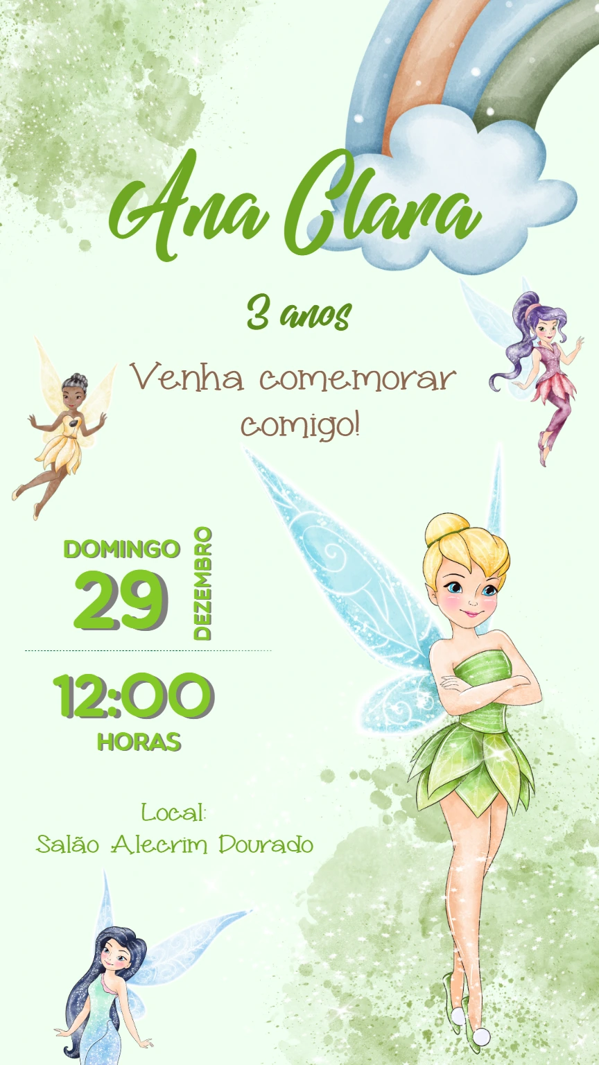 Convite de Aniversário Tinker Bell e Fadas para Editar Online