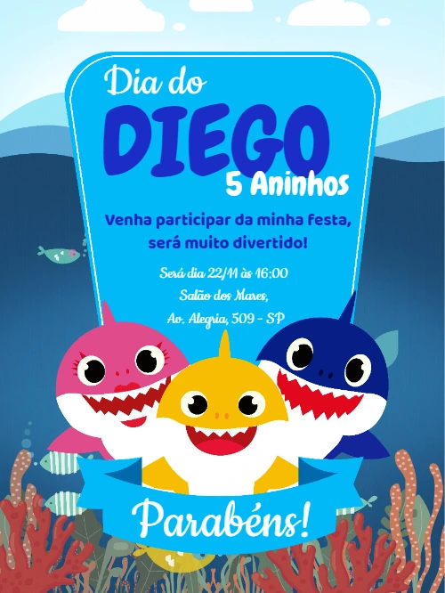 Convite de Aniversário Baby Shark para Editar Online
