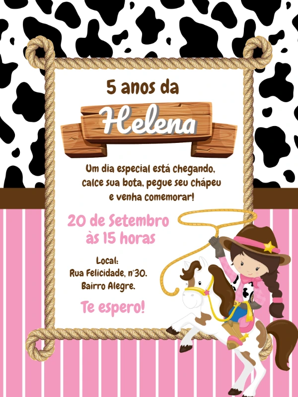 Convite de Aniversário Vaqueira para Editar Online