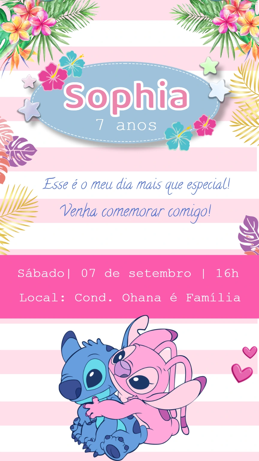 Convite Aniversário Stitch e Angel Rosa para Editar Online