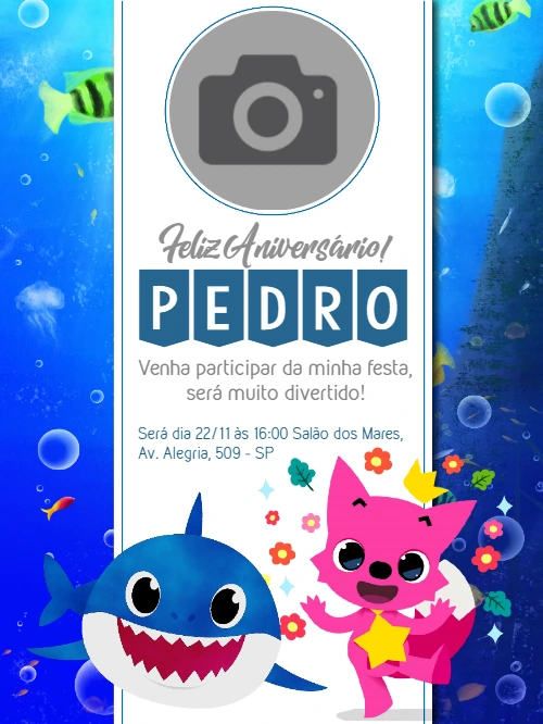 Convite Aniversário Baby Shark com Foto para Editar Online