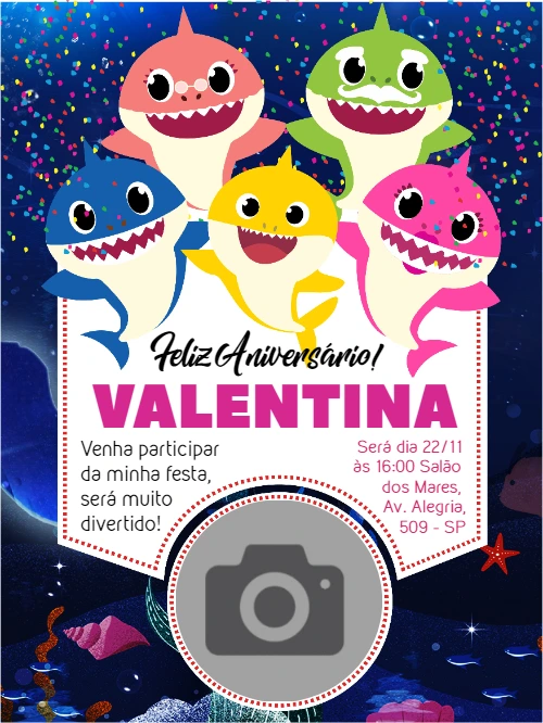 Convite de Aniversário Baby Shark com Foto para Editar Online