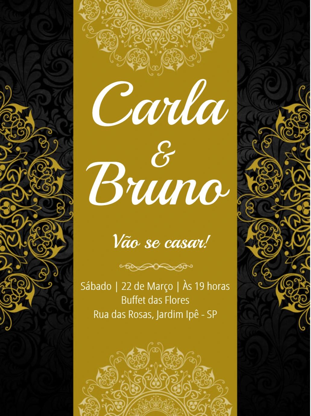 Convite de Casamento Preto e Dourado para Editar Online