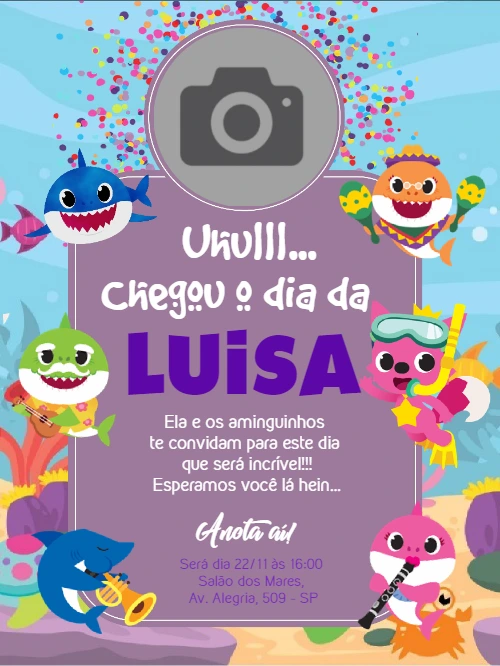 Convite Aniversário Baby Shark com Foto Editável Online