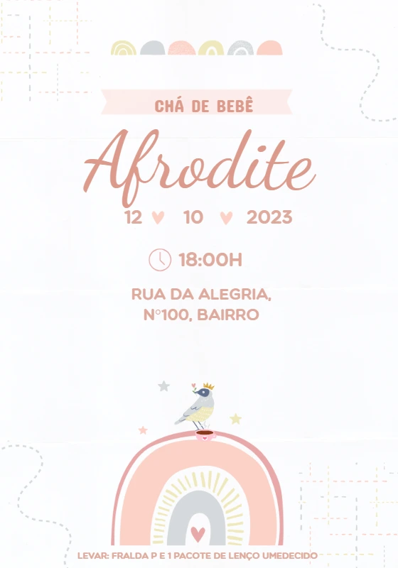 Convite Chá de Bebê Arco-íris e Passarinho para Editar Online