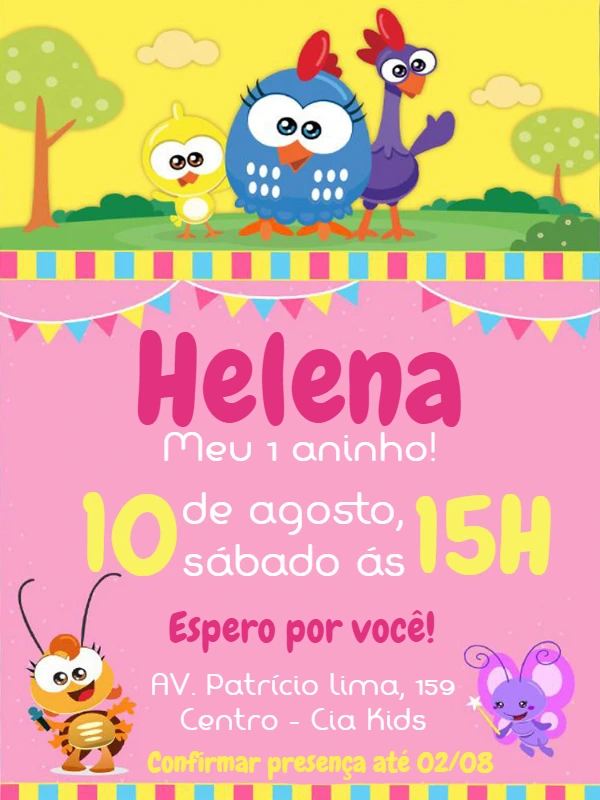 Convite Aniversário Galinha Pintadinha Rosa para Editar Online