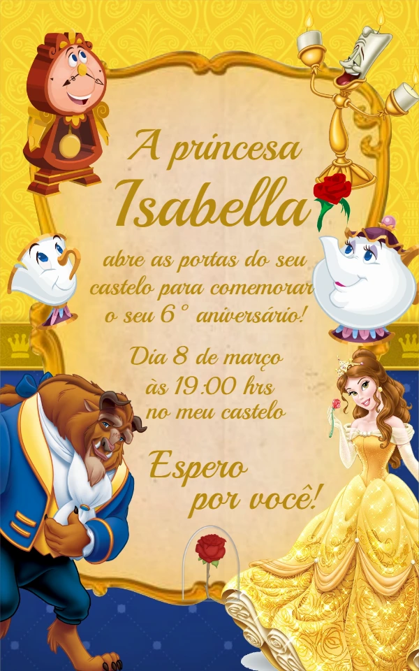 Convite de Aniversário A Bela e a Fera Editável Online
