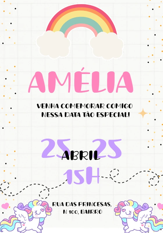 Convite de Aniversário Unicórnio Fofo para Editar Online