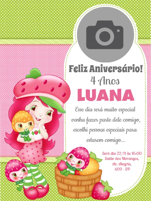 Convite Aniversário Moranguinho com Foto para Editar Online