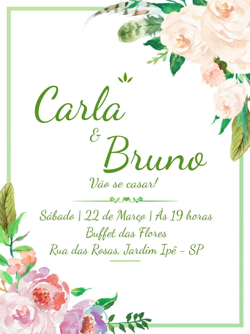 Convite de Casamento Floral Verde e Branco Editável Online