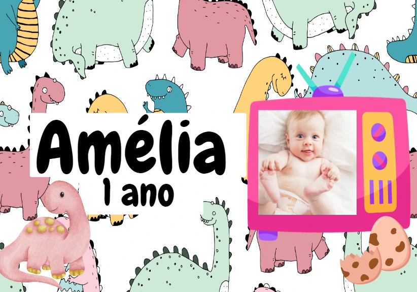 Convite Aniversário Dinossauro Menina com Foto para Editar