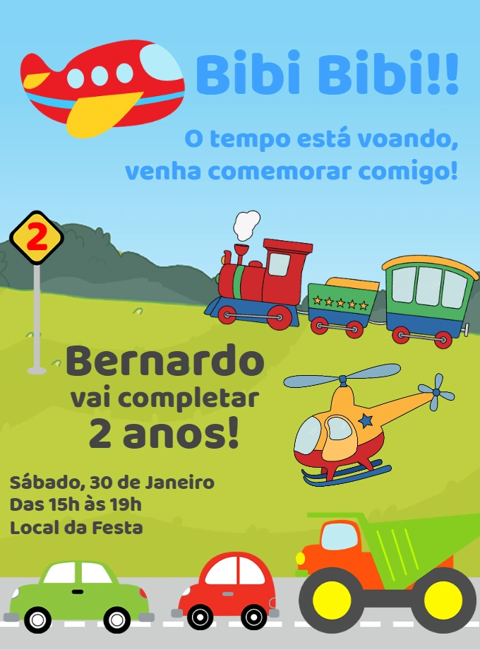 Convite Aniversário Meios de Transporte Infantil para Editar Online