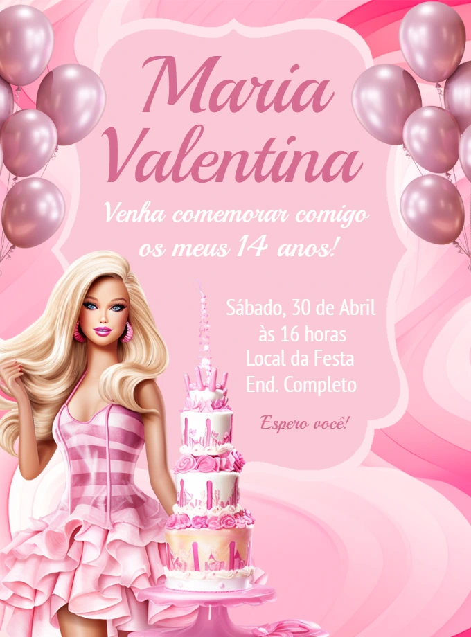 Convite de Aniversário Barbie Rosa para Editar Online