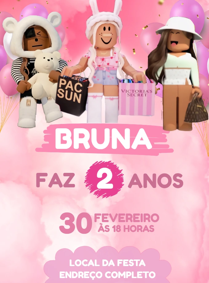 Convite Aniversário Roblox Rosa para Menina Editável Online