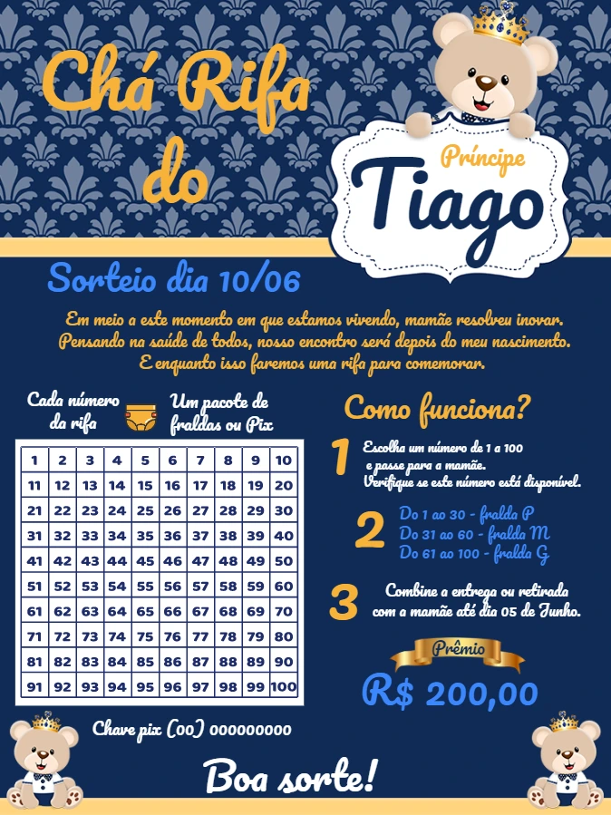 Convite Chá Rifa Ursinho Príncipe Azul e Dourado para Editar