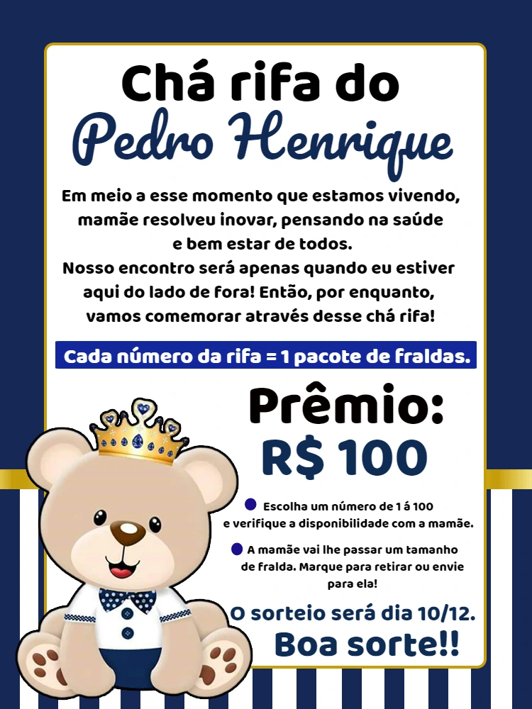 Convite Chá Rifa Ursinho Príncipe para Editar Online