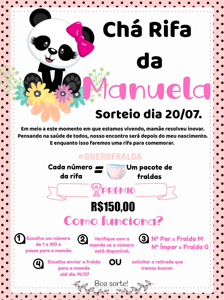 Convite Chá Rifa Panda Menina para Editar Online