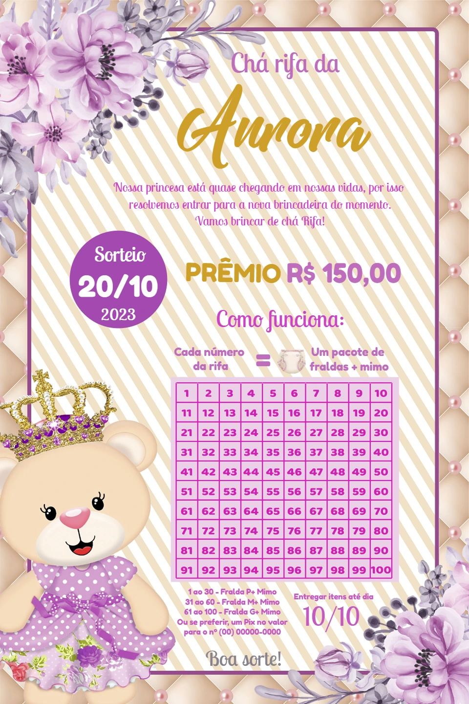 Chá Rifa Ursinha Princesa Lilás para Editar Online