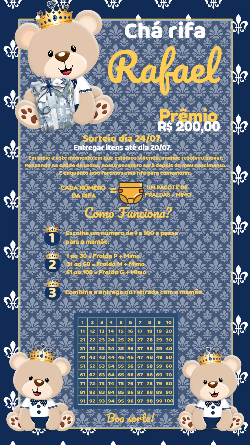 Rifa Chá de Bebê Ursinho Príncipe para Editar e Enviar Online