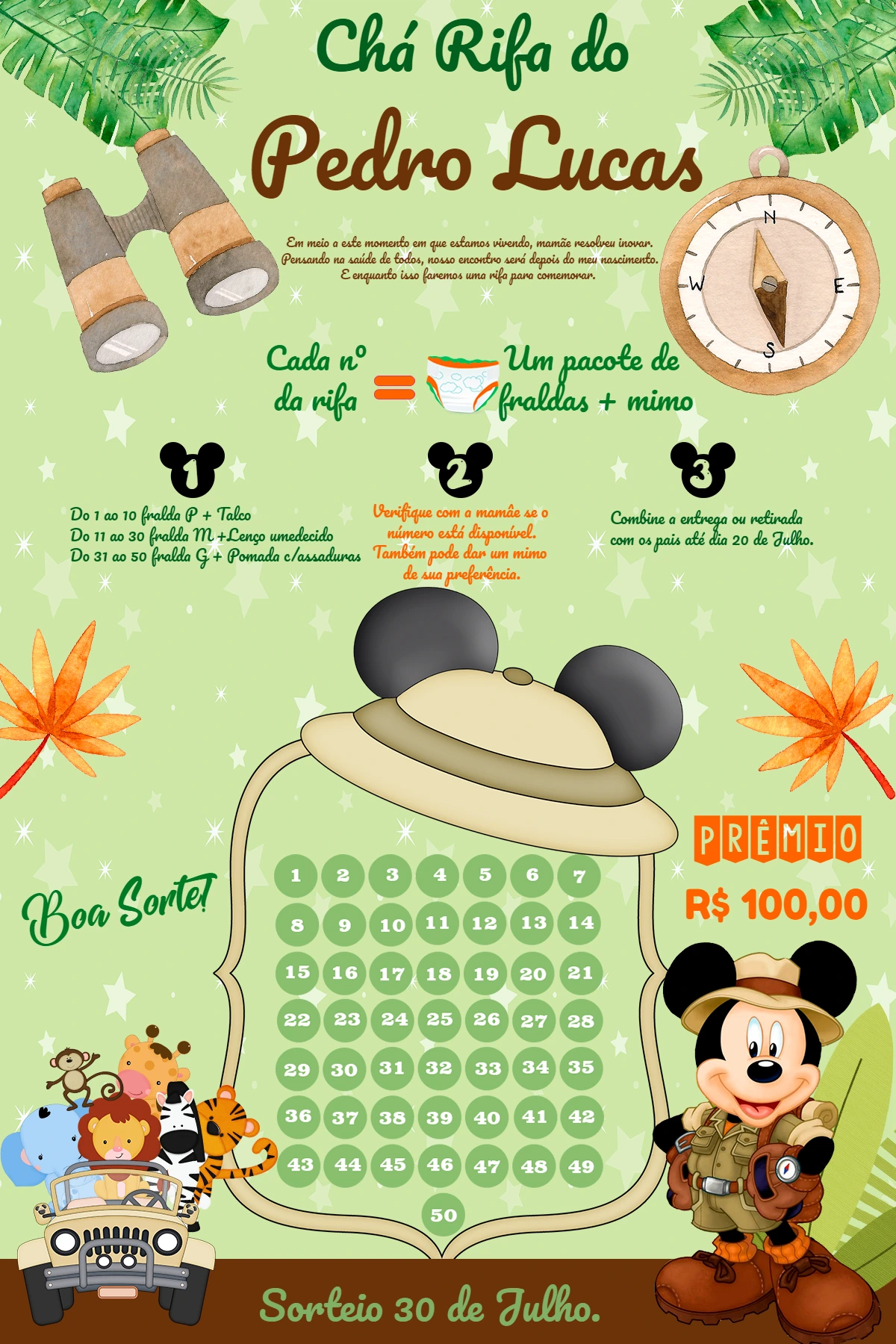 Convite Chá Rifa Safari do Mickey para Editar Online