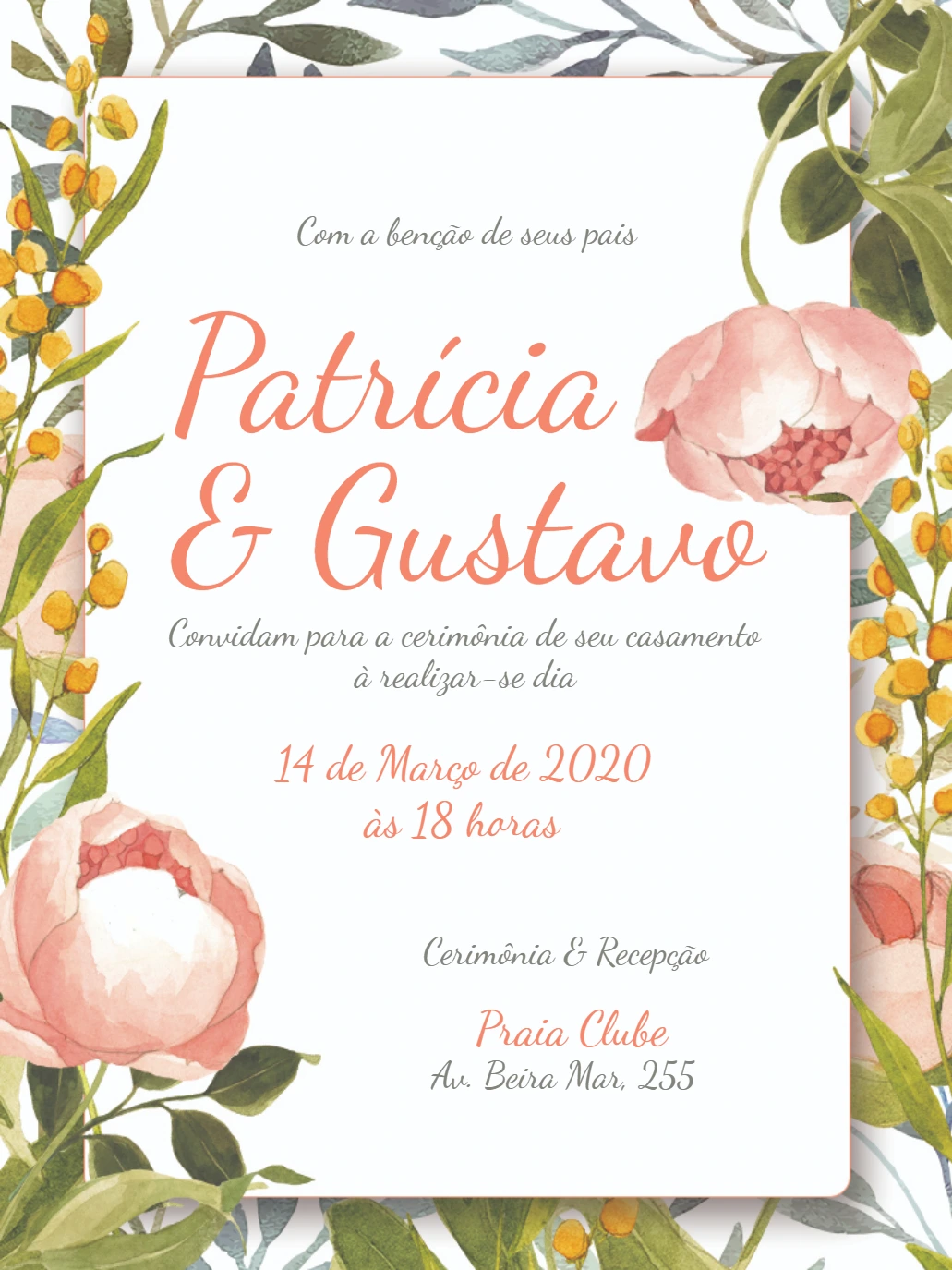 Convite de Casamento Floral Aquarela para Editar Online