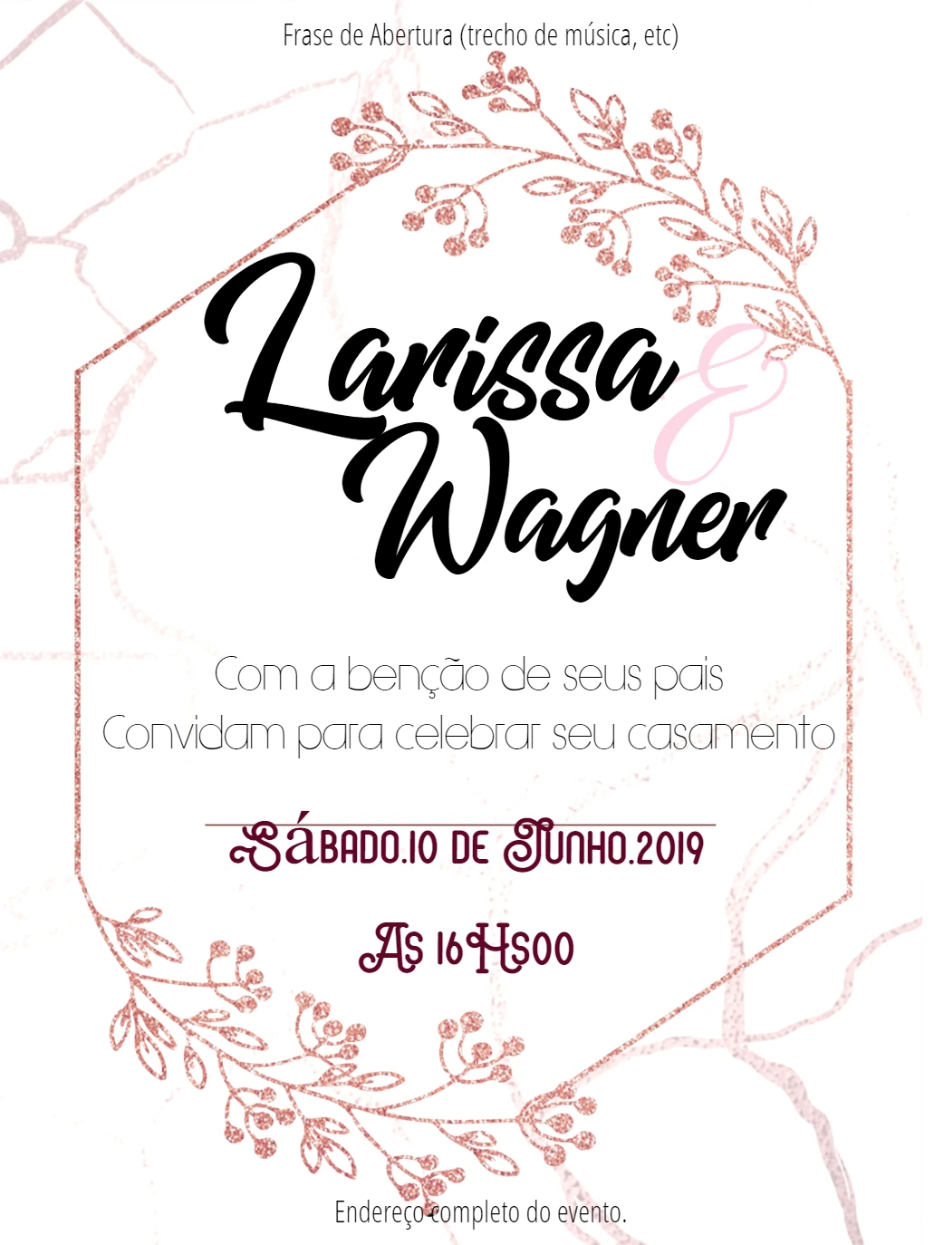 Convite de Casamento Floral Rose Gold Geométrico para Editar