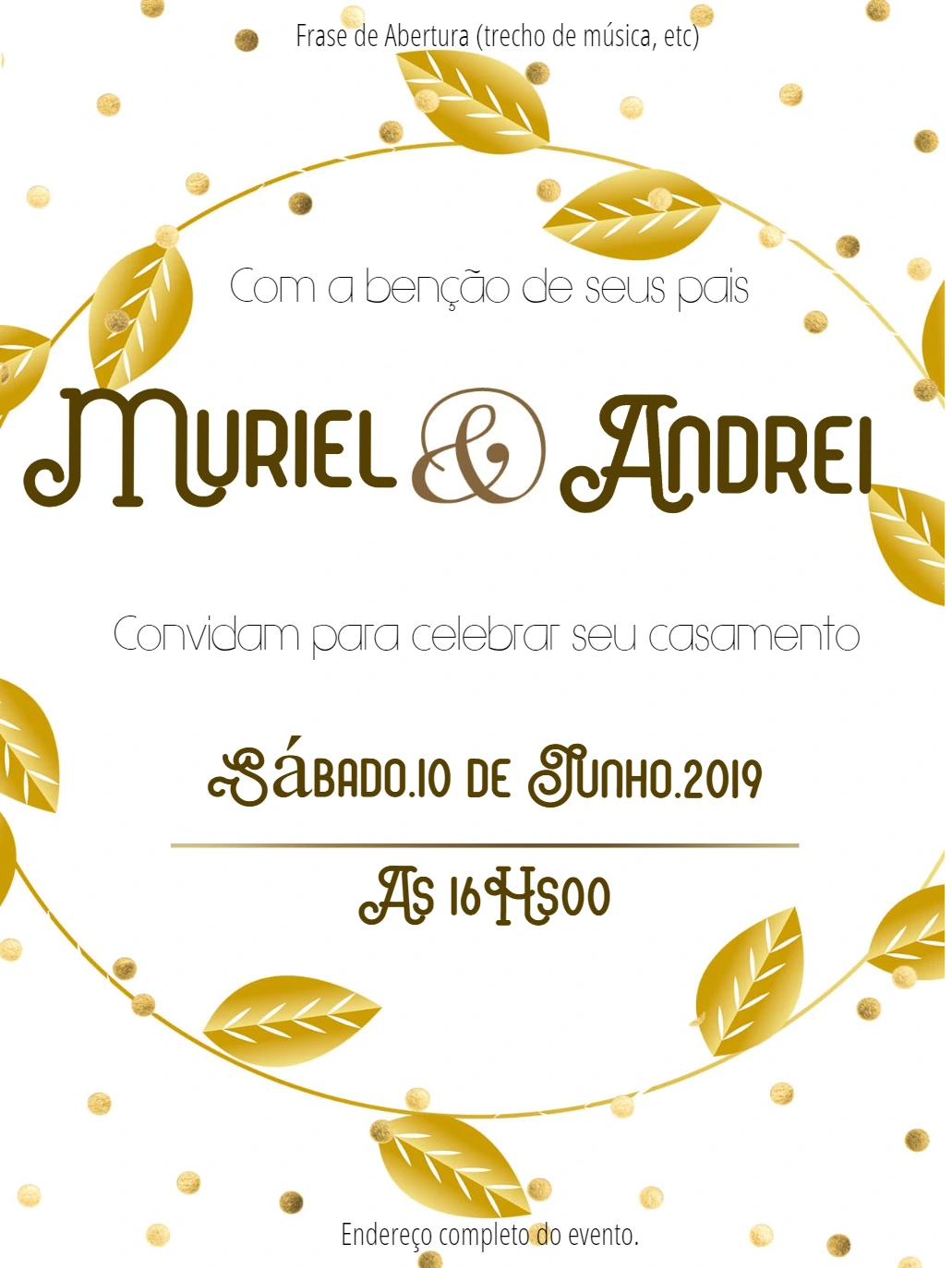 Convite de Casamento Folhas Douradas para Editar Online