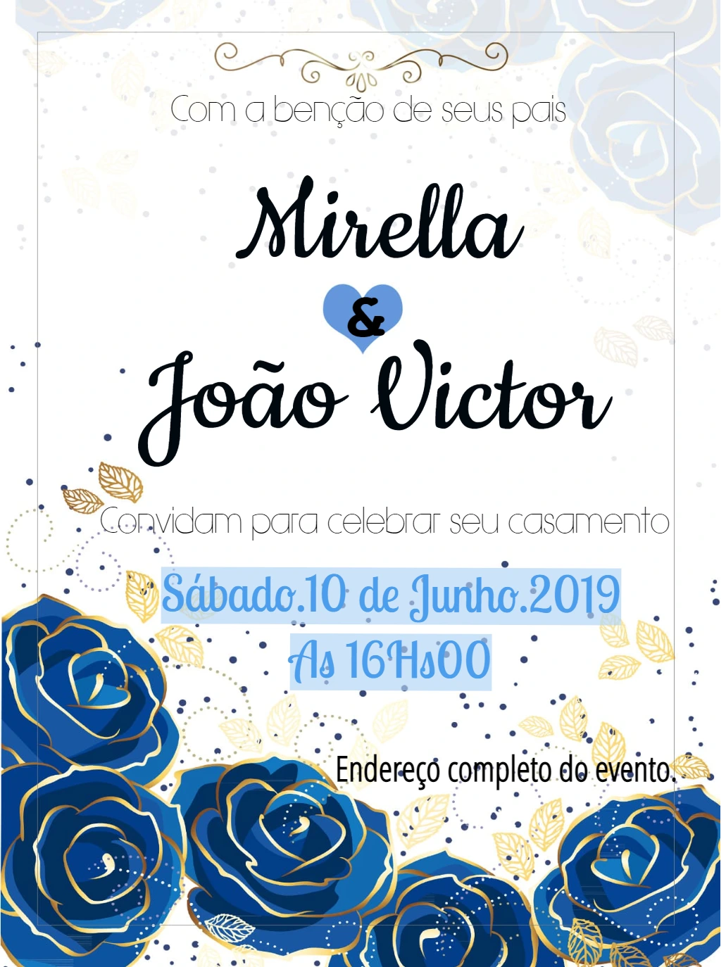 Convite de Casamento Floral com Rosas Azuis para Editar Online