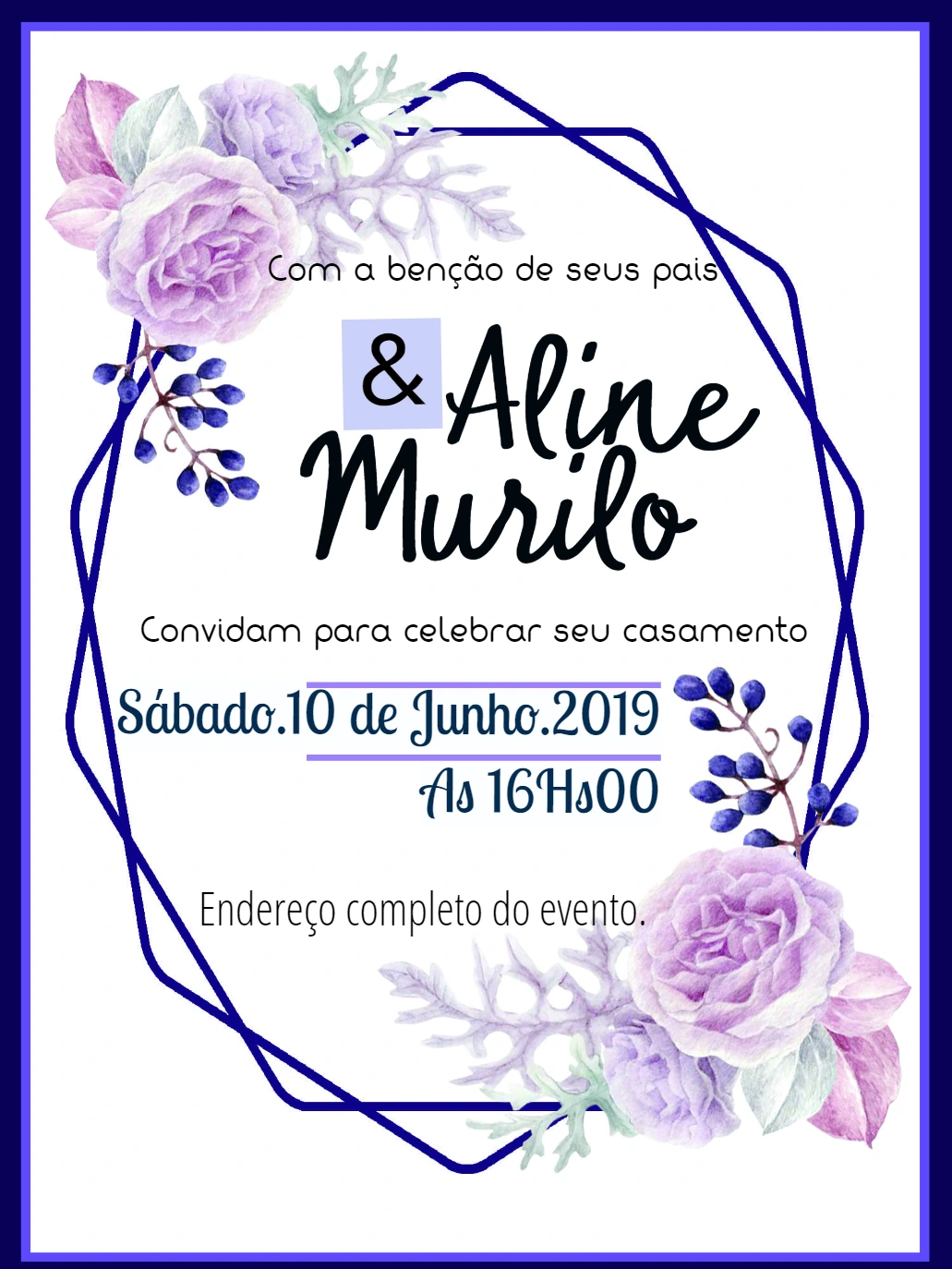 Convite de Casamento Floral Lilás e Geométrico para Editar