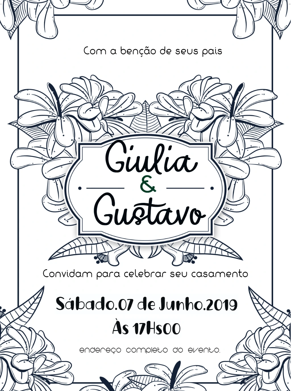 Convite de Casamento Floral Desenhado para Editar Online