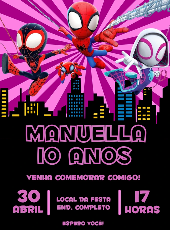 Convite Aniversário Spidey e Seus Amigos para Editar Online