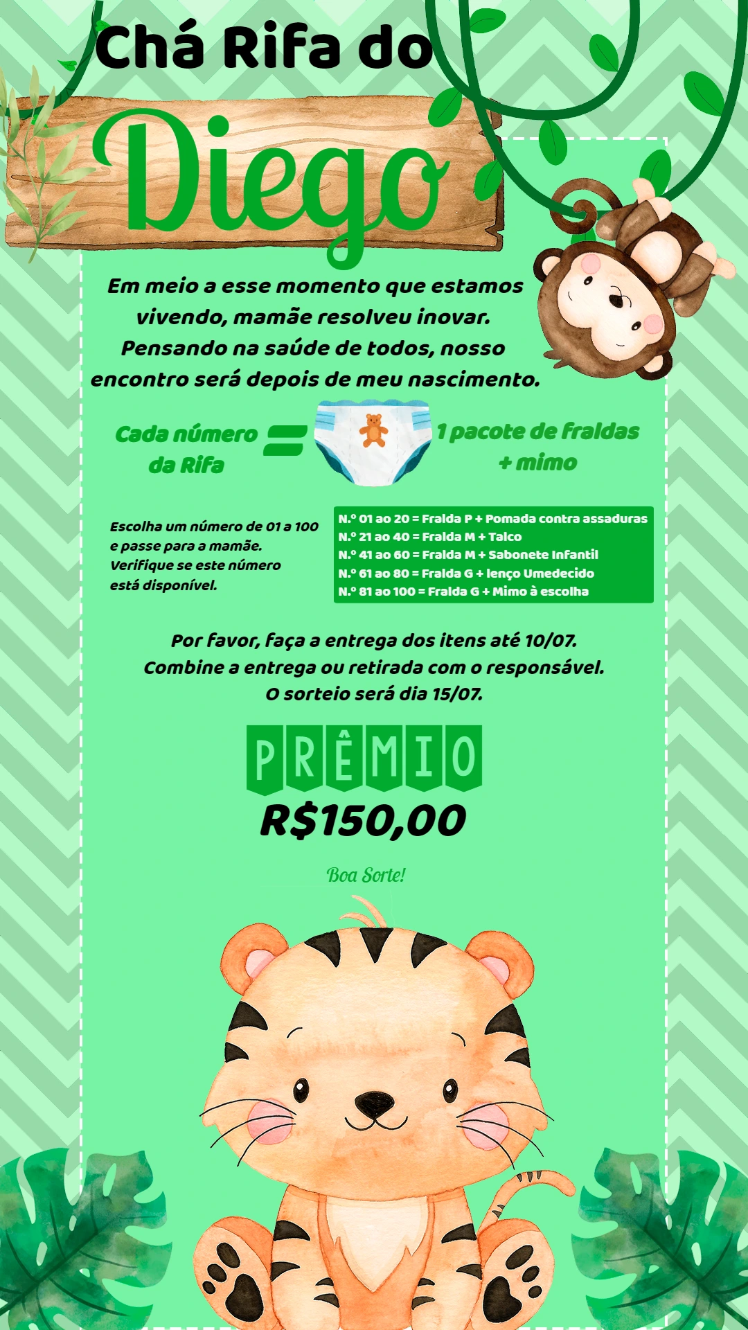 Convite Chá Rifa Safari com Animais para Editar Online