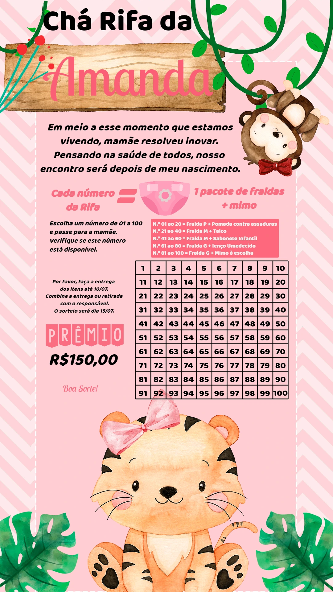 Cartela Chá Rifa Safari com Animais Fofos para Editar Online