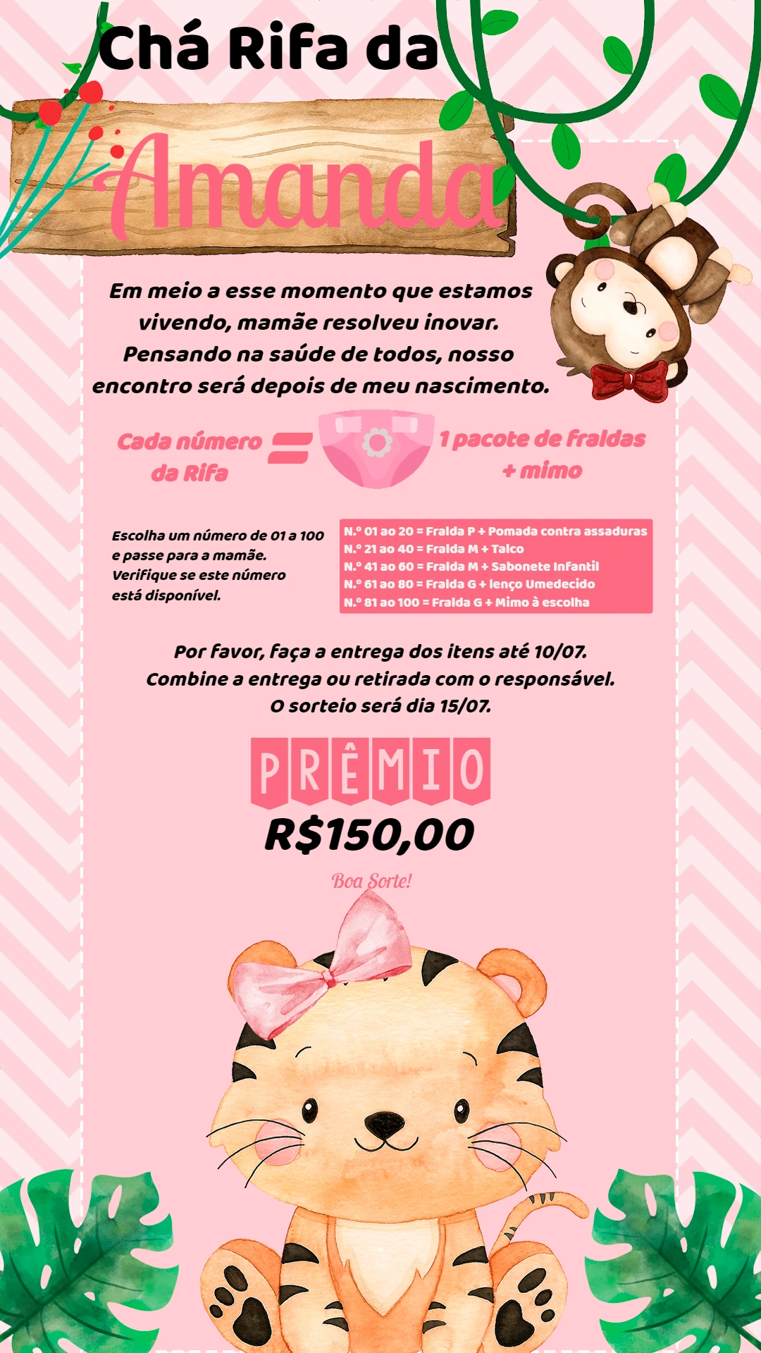 Convite Chá Rifa Safari Menina com Animais para Editar Online