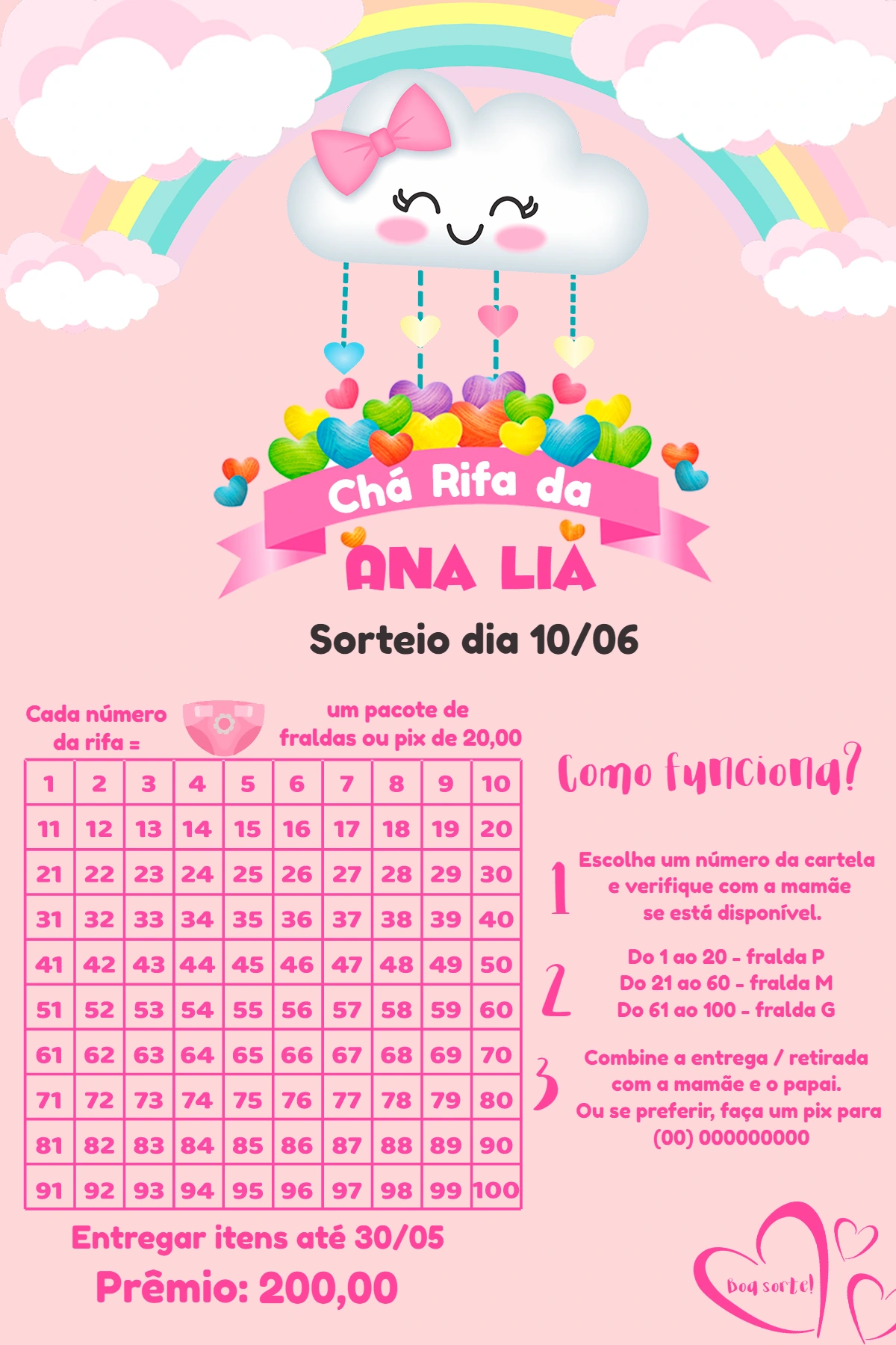 Chá Rifa Chuva de Amor com Nuvem Fofa para Editar Online