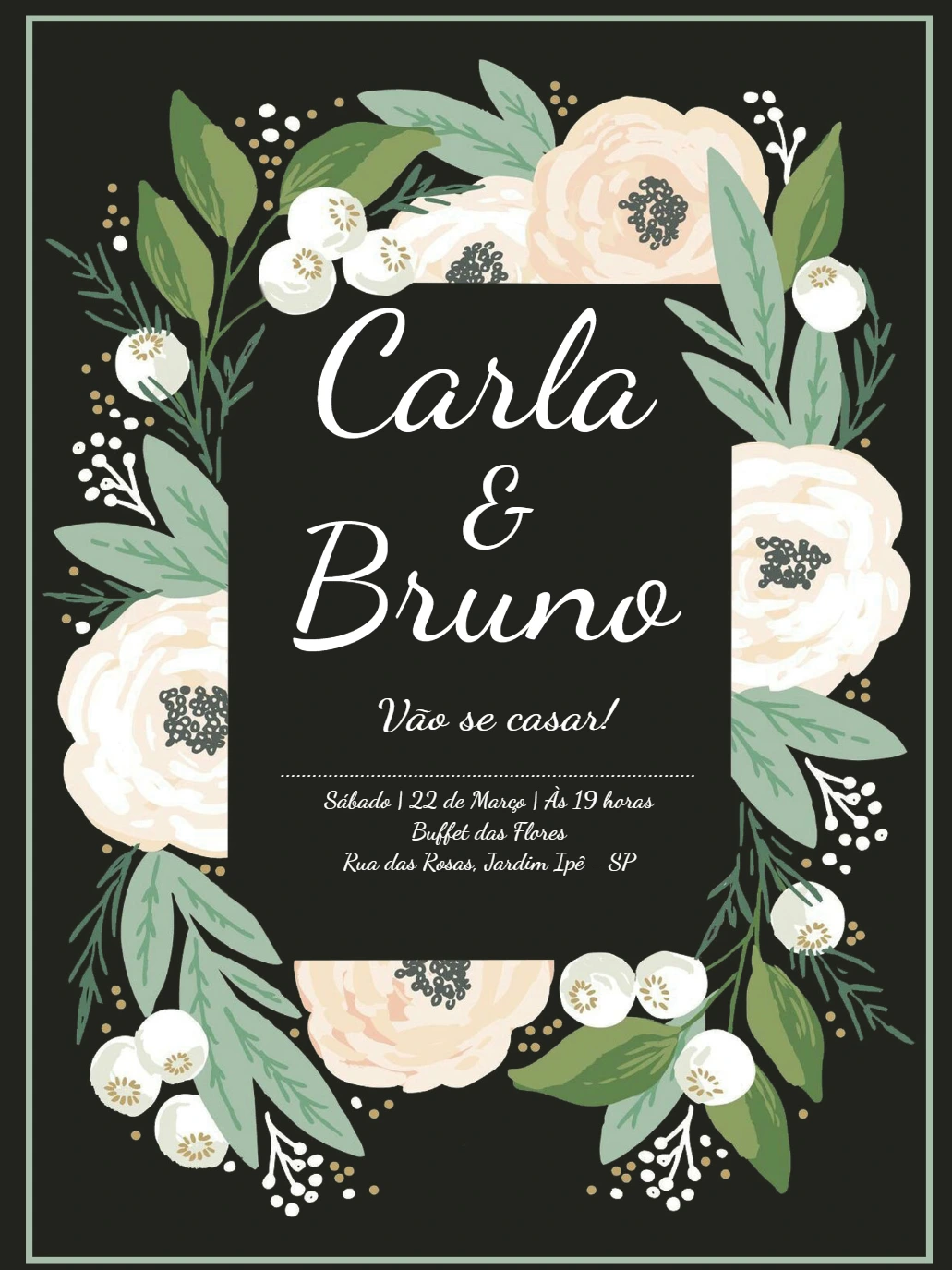 Convite de Casamento Floral Preto e Branco para Editar Online