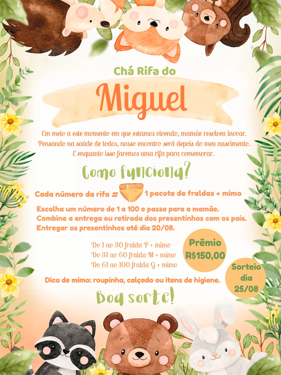 Convite Chá Rifa Safari Animais da Floresta para Editar