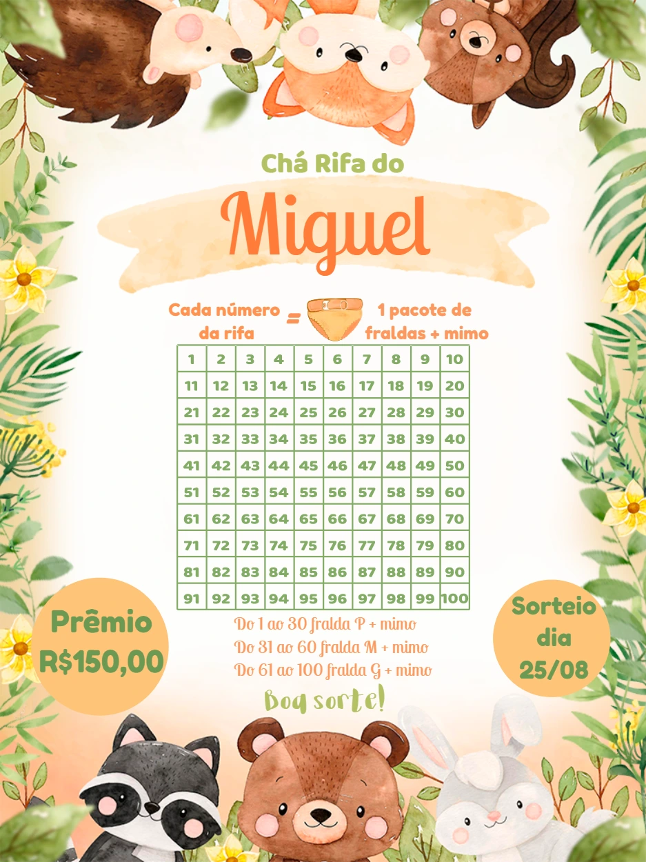 Chá Rifa Animais do Bosque Aquarela para Editar Online